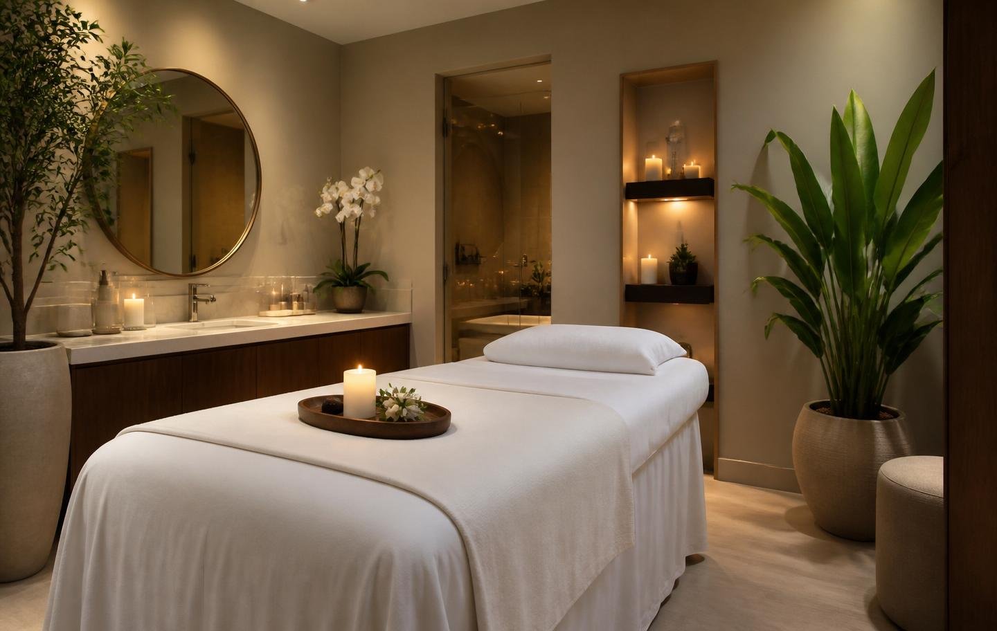 Candle-lit luxury spa room with white orchids